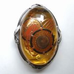 Photo1: Brooch "Japanese Drum" Maki-e(Makie) Japanese Jewelry Amber #H1 (1)