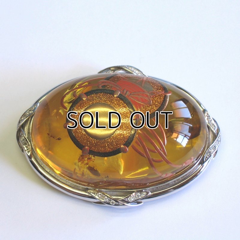 Photo2: Brooch "Japanese Drum" Maki-e(Makie) Japanese Jewelry Amber #H1 (2)