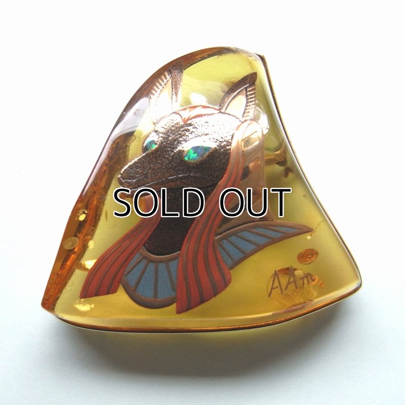Photo3: Brooch "Anubis" Maki-e(Makie) Japanese Jewelry Amber #H5 (3)