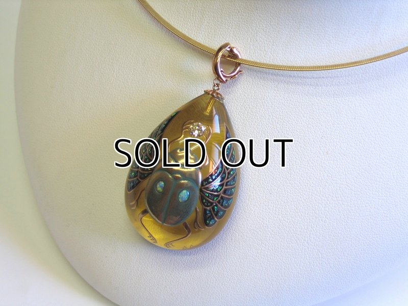 Photo5: Pendant "Scarab" Maki-e(Makie) Japanese Jewelry Amber #H6 (5)