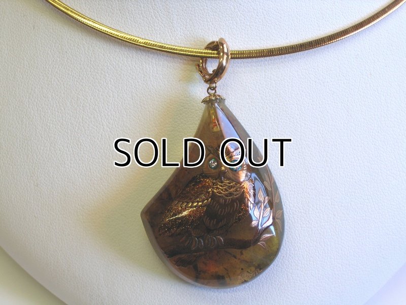 Photo4: Pendant "Owl" Maki-e(Makie) Japanese Jewelry Amber #H8 (4)