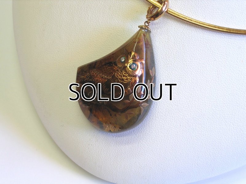 Photo5: Pendant "Owl" Maki-e(Makie) Japanese Jewelry Amber #H8 (5)