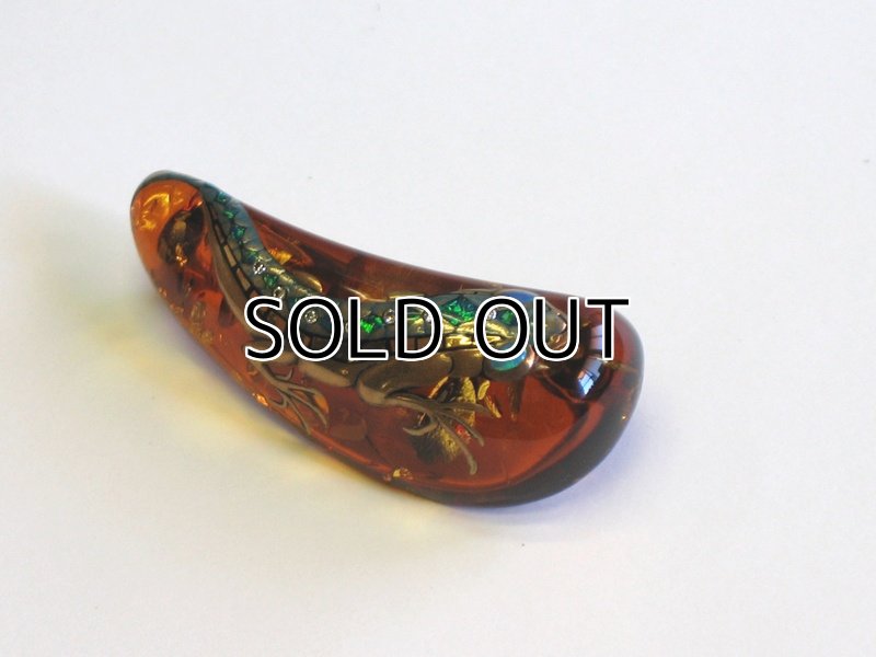 Photo3: Brooch "Lizard" Maki-e(Makie) Japanese Jewelry Amber #H9 (3)