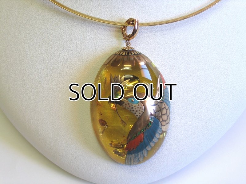 Photo3: Pendant "Hanakui-Dori" Maki-e(Makie) Japanese Jewelry Amber #H10 (3)