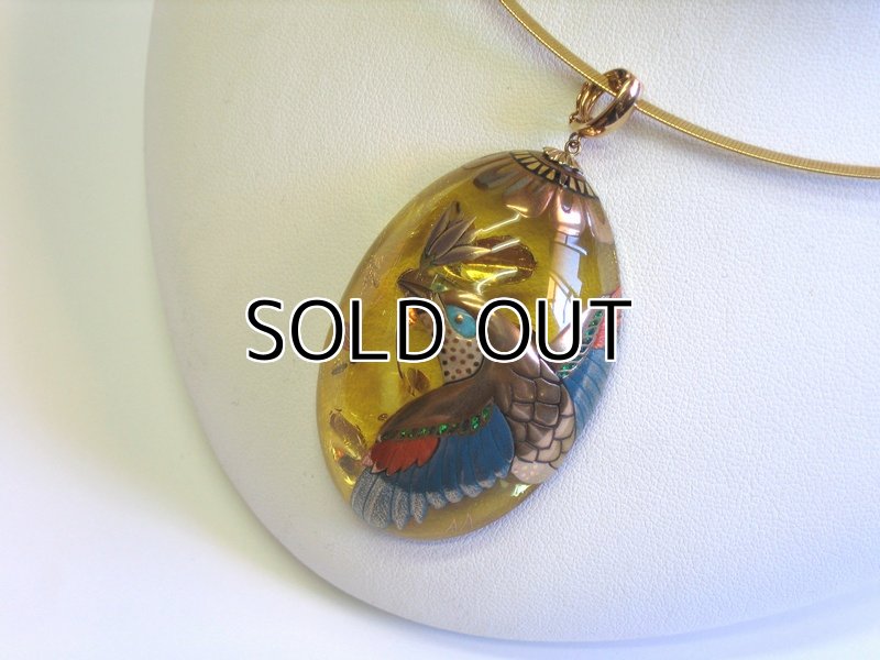 Photo4: Pendant "Hanakui-Dori" Maki-e(Makie) Japanese Jewelry Amber #H10 (4)