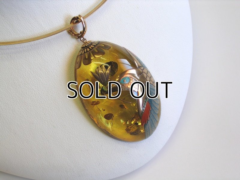 Photo5: Pendant "Hanakui-Dori" Maki-e(Makie) Japanese Jewelry Amber #H10 (5)