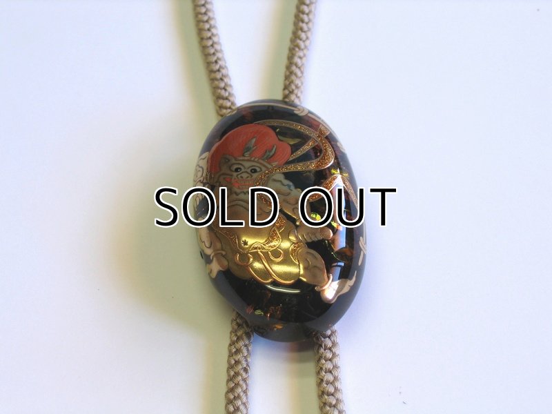 Photo1: Bolo Tie "God of Thunder" Maki-e(Makie) Japanese Jewelry Amber #H12 (1)