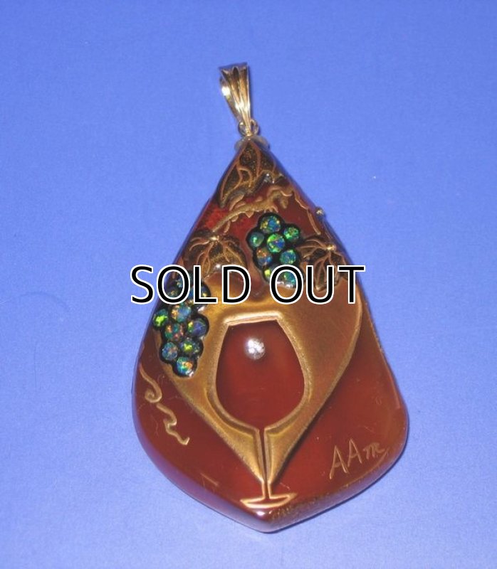 Photo1: Pendant "Wineglass" Maki-e(Makie) Japanese Jewelry Amber #H29 (1)